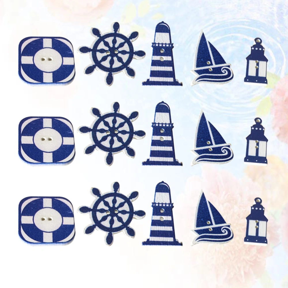 50Pcs Nautical Theme Buttons DIY Wooden Clothes Buttons Sailboat Lighthouse Life Buoy Rudder Design Button (Mixed Style)