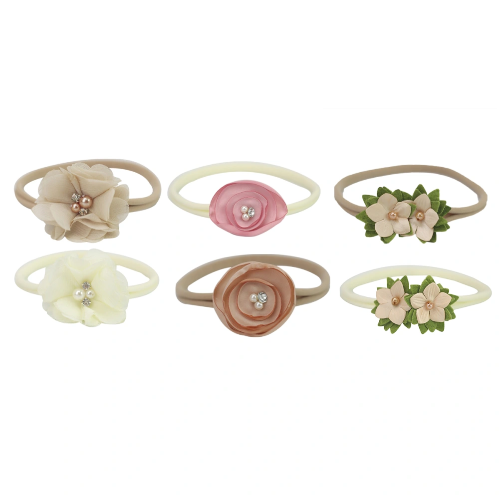 6pcs/set Kids Newborn Headband Skinny Nylon Headband Satin Chiffon Flower Girl Headband (Beige and Khaki)