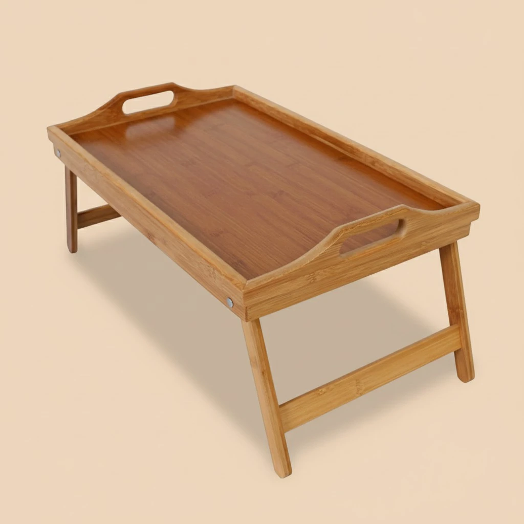 1Pc Foldable Bamboo Desk Bed Laptop Stand Table Breakfast Serving Tray (Khaki)