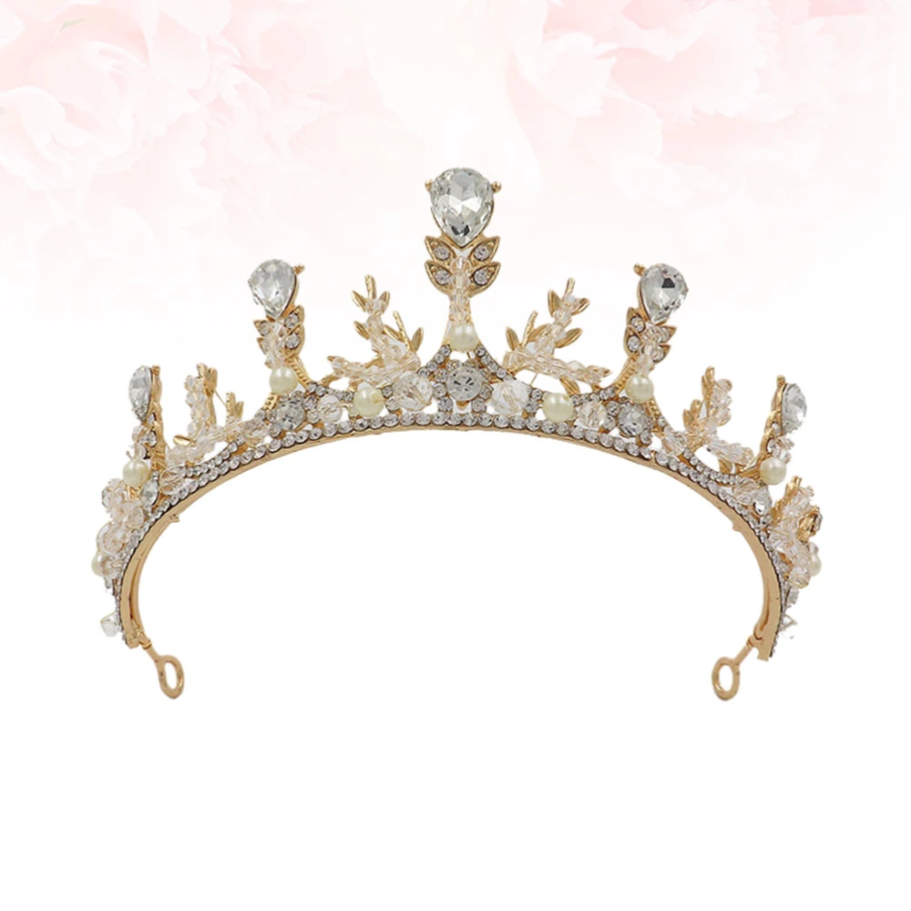 Bridal Rhinestone and Pearl Crown Golden Tiara Party Headdress for Wedding Birthday Banquet