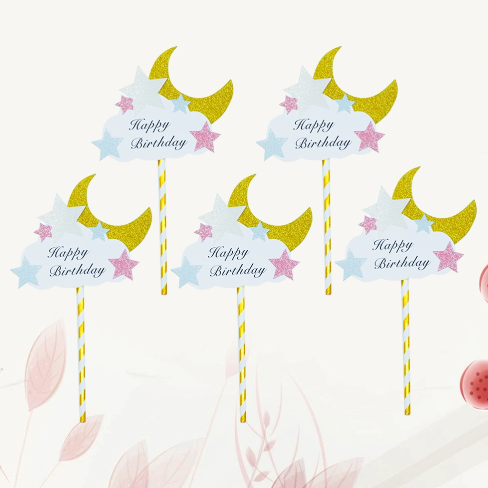 5PCS Lovely Star Moon Cupcake Toppers Picks Cloud Straw Cake Decoration Toothpick for Party Birthday Gathering