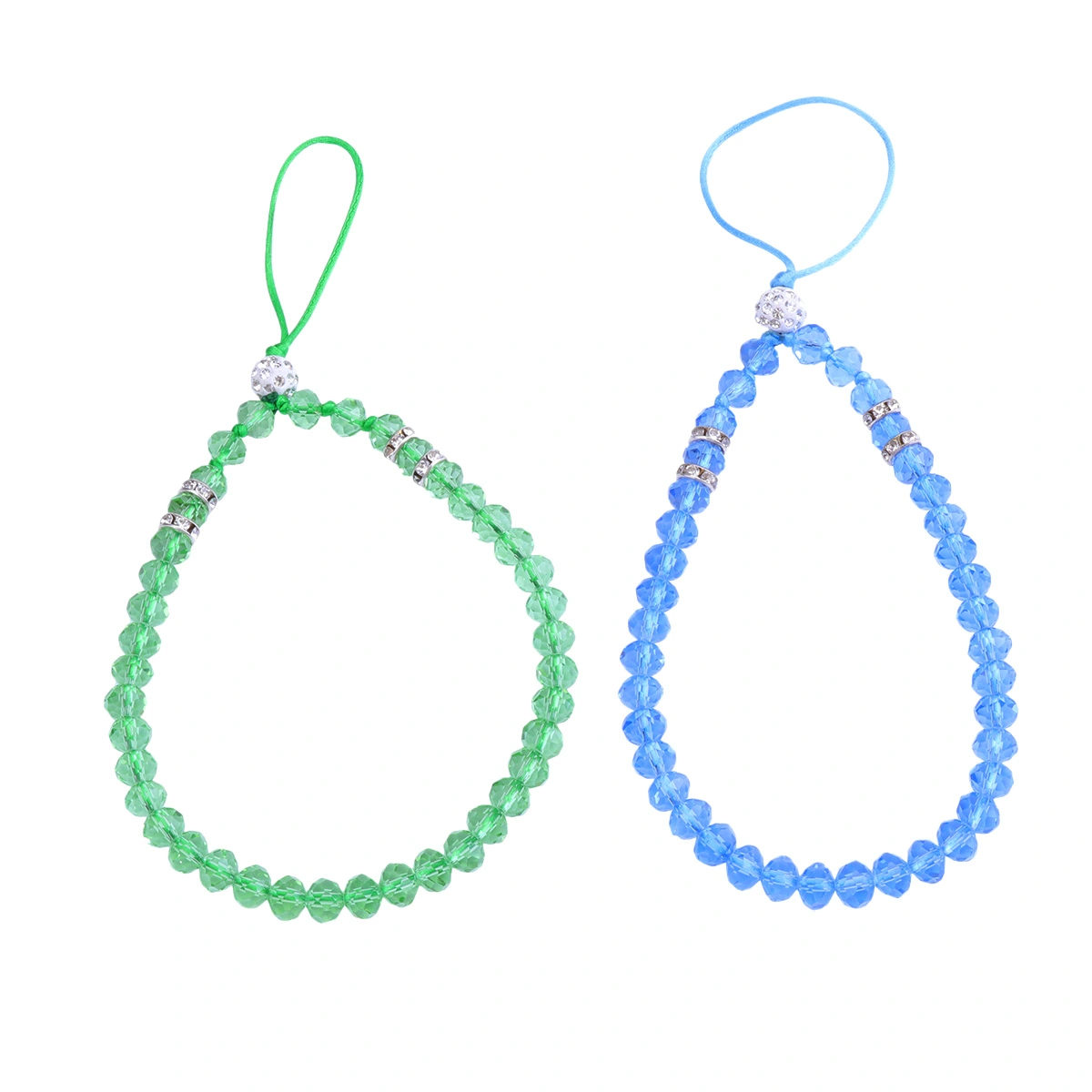 2pcs Crystal Beads Phone Lanyard Short Hand Wrist Strap Hanging String for Camera Purse Keychain (Green+Blue)