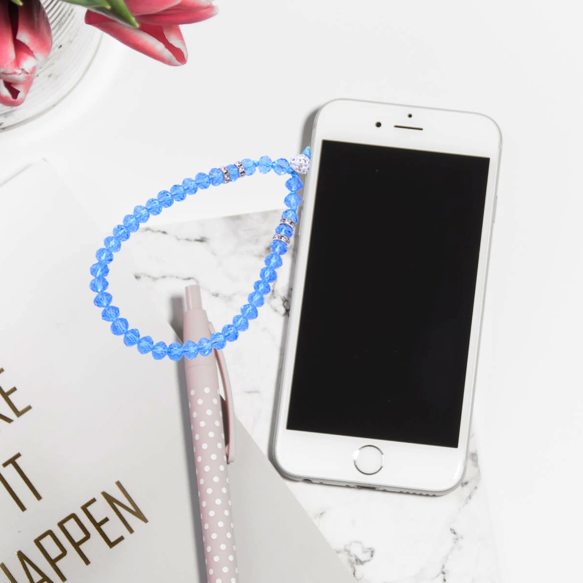2pcs Crystal Beads Phone Lanyard Short Hand Wrist Strap Hanging String for Camera Purse Keychain (Green+Blue)