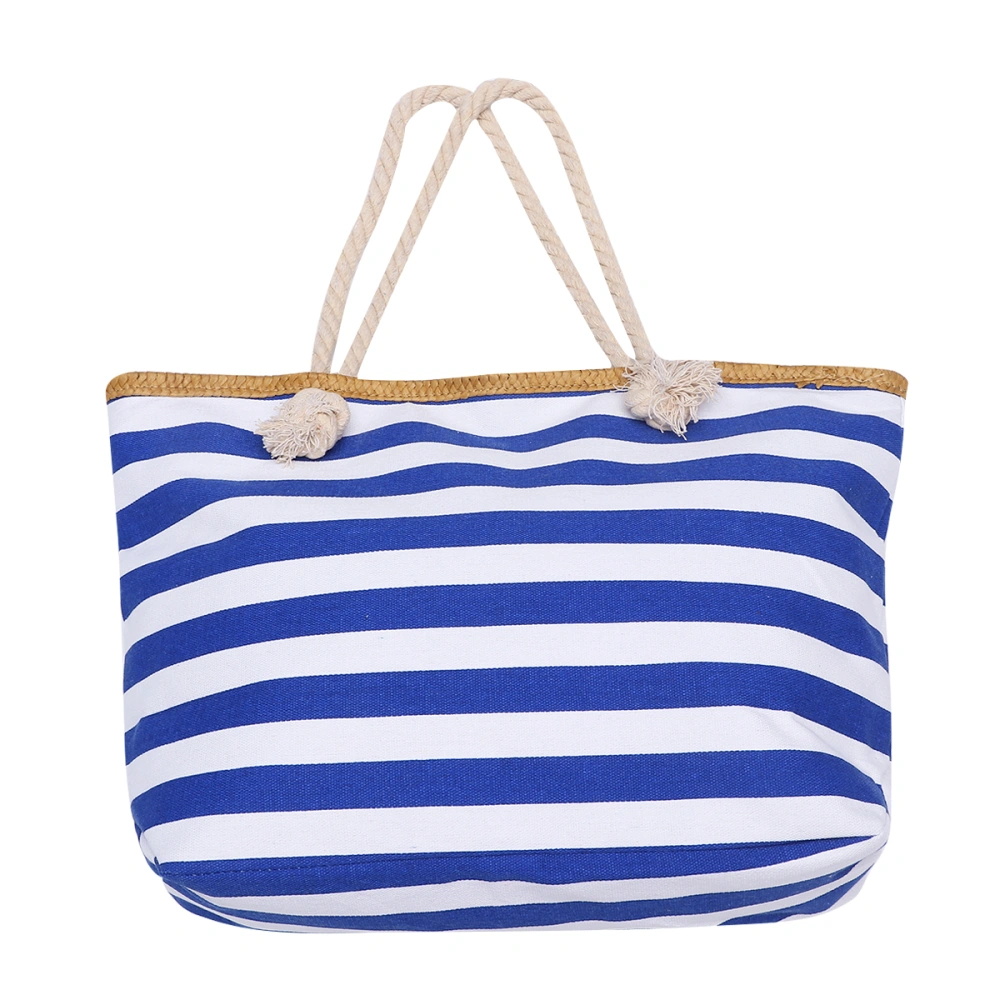 1PC Summer Casual Shoulder Bag Stripe Printing Bag Canvas Handbag Simple Portable Zipper Handbag for Shopping Beach Women Ladies (Blue)