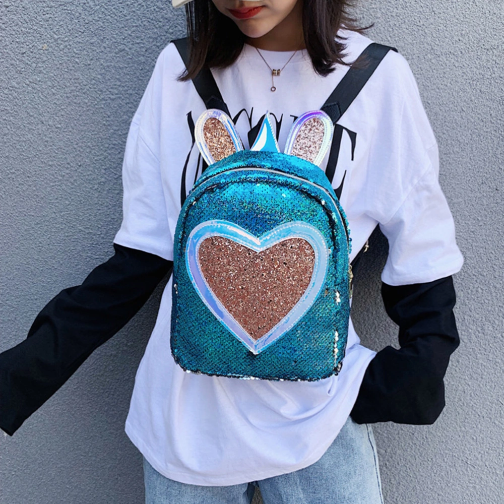 Stylish Heart Sequin Backpack Rabbit Ear Design Casual Bag Shiny Satchel Bookbag for Girls (Blue)