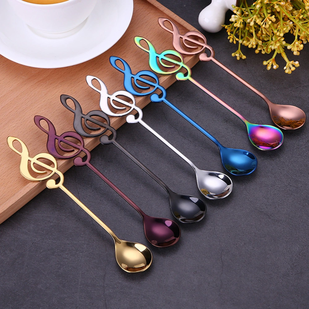 Stainless Steel Titanium-coated Coffee Spoons Musical Note Pattern Stirring Spoon Dessert Scoop Tableware (Blue)