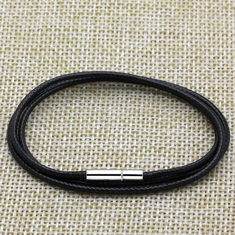 Stainless Steel Rice Grain Buckle Wax Leather Rope Necklace