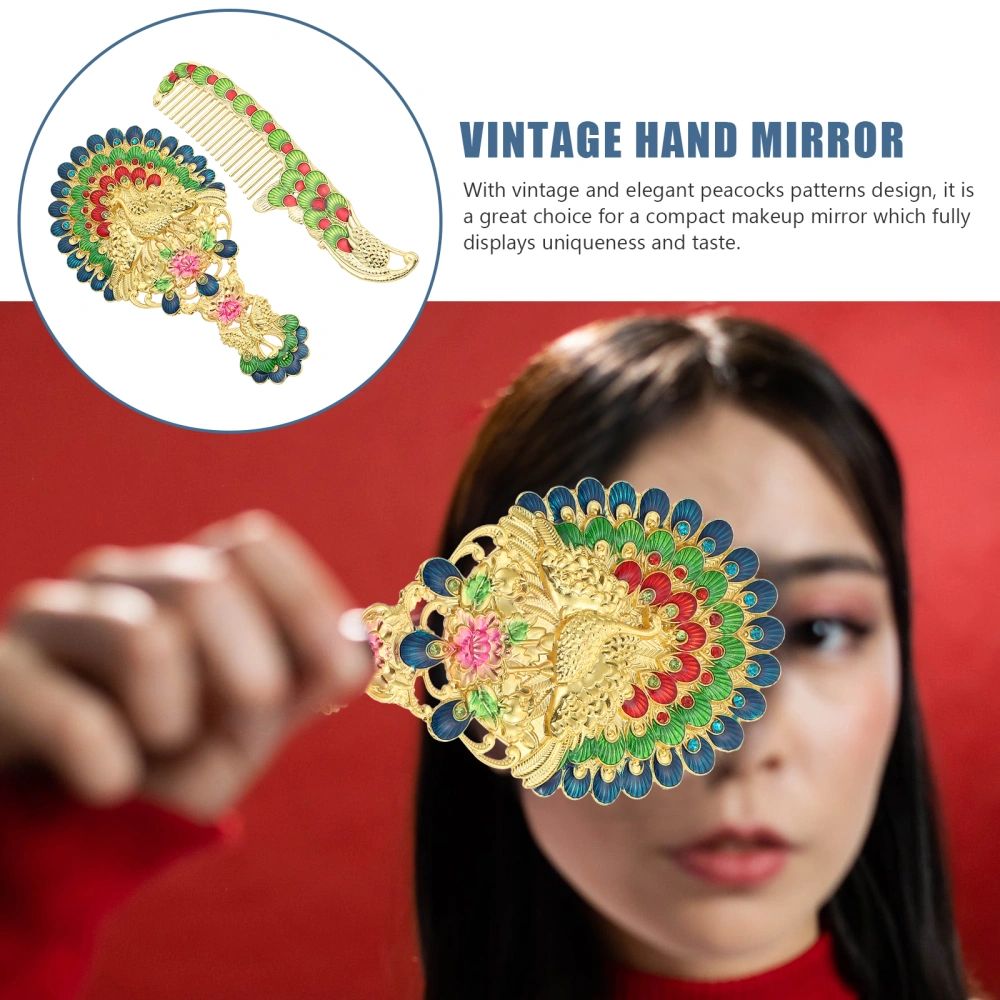 1 Set of Handhold Vintage Makeup Mirrors Peacocks Pattern Comb Elegant Mirrors