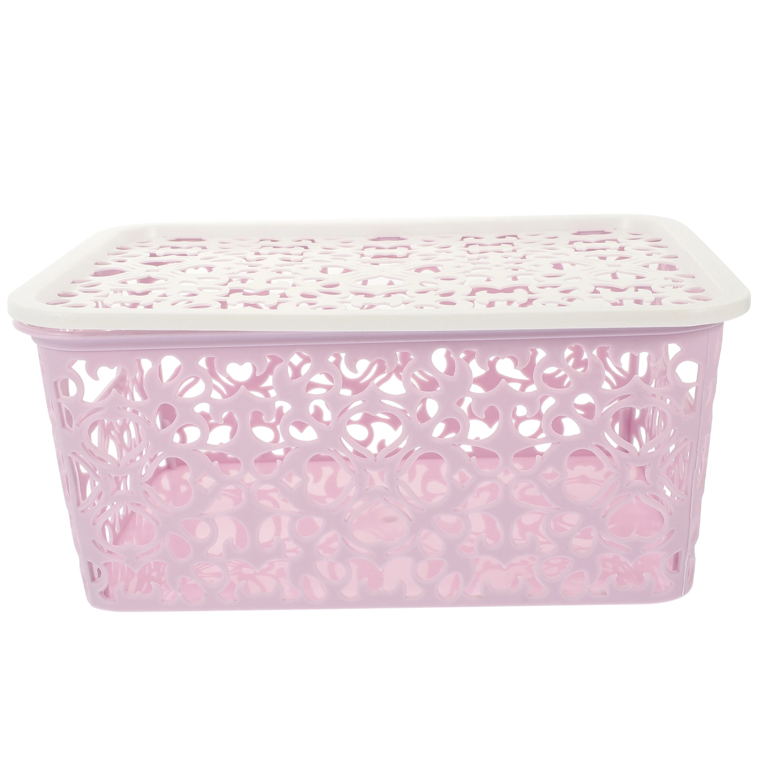 Stackable Plastic Storage Box Hollow Out Delicate Retro Pattern Storage Basket with Lid for Clothes Cosmetics Papers Toys - Small Size(Purple)
