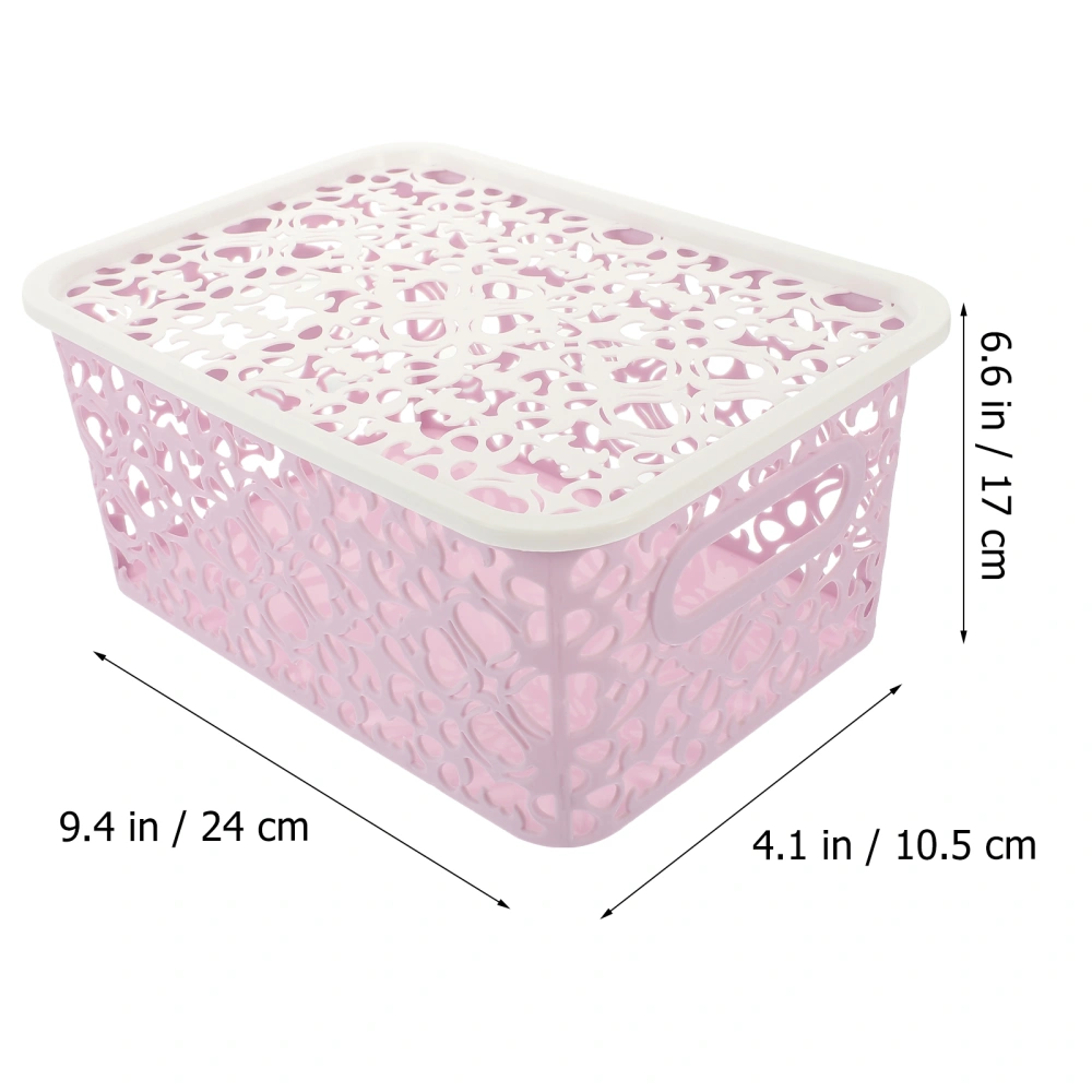 Stackable Plastic Storage Box Hollow Out Delicate Retro Pattern Storage Basket with Lid for Clothes Cosmetics Papers Toys - Small Size(Purple)