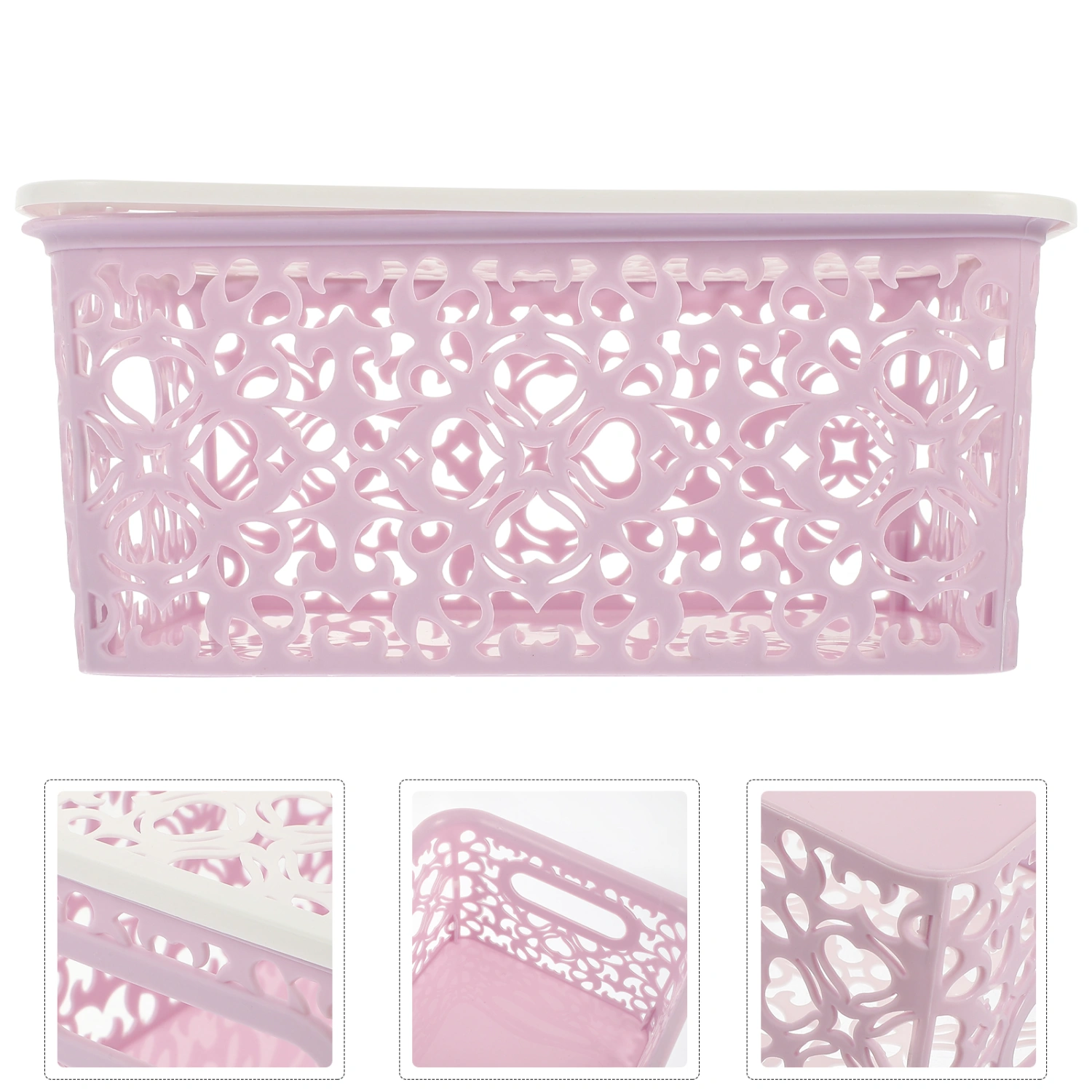 Stackable Plastic Storage Box Hollow Out Delicate Retro Pattern Storage Basket with Lid for Clothes Cosmetics Papers Toys - Small Size(Purple)