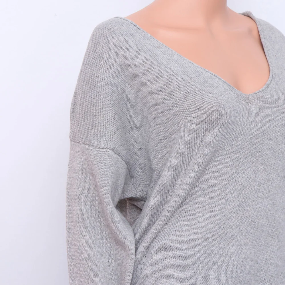 Women's Solid Sweater Autumn Winter Warm Casual V-neck Long-sleeved Sweater Blouse Tops Size XL (Gray)