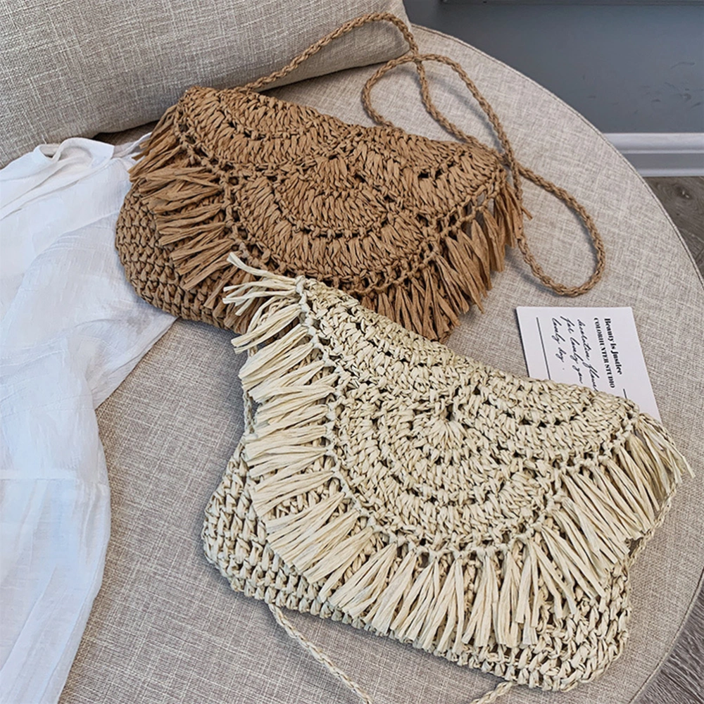 Fashion Paper Straw Crossbody Bag Handmade Woven Beach Holiday Bag Tassel Shoulder Bag for Women Brown