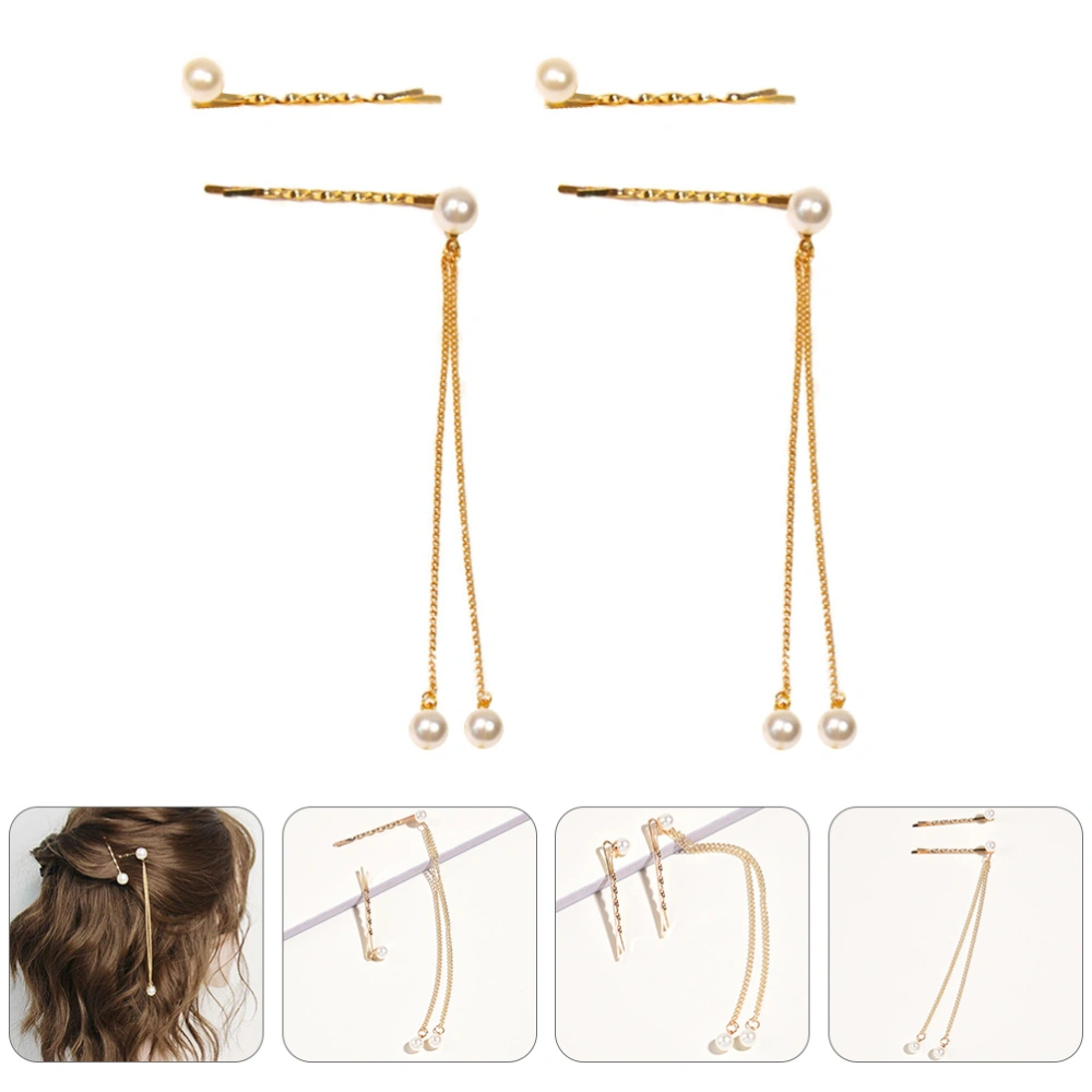 4Pcs Creative Pearl Tassel Hair Clip Alloy Hairpin Shiny Barrette Hair Accessory