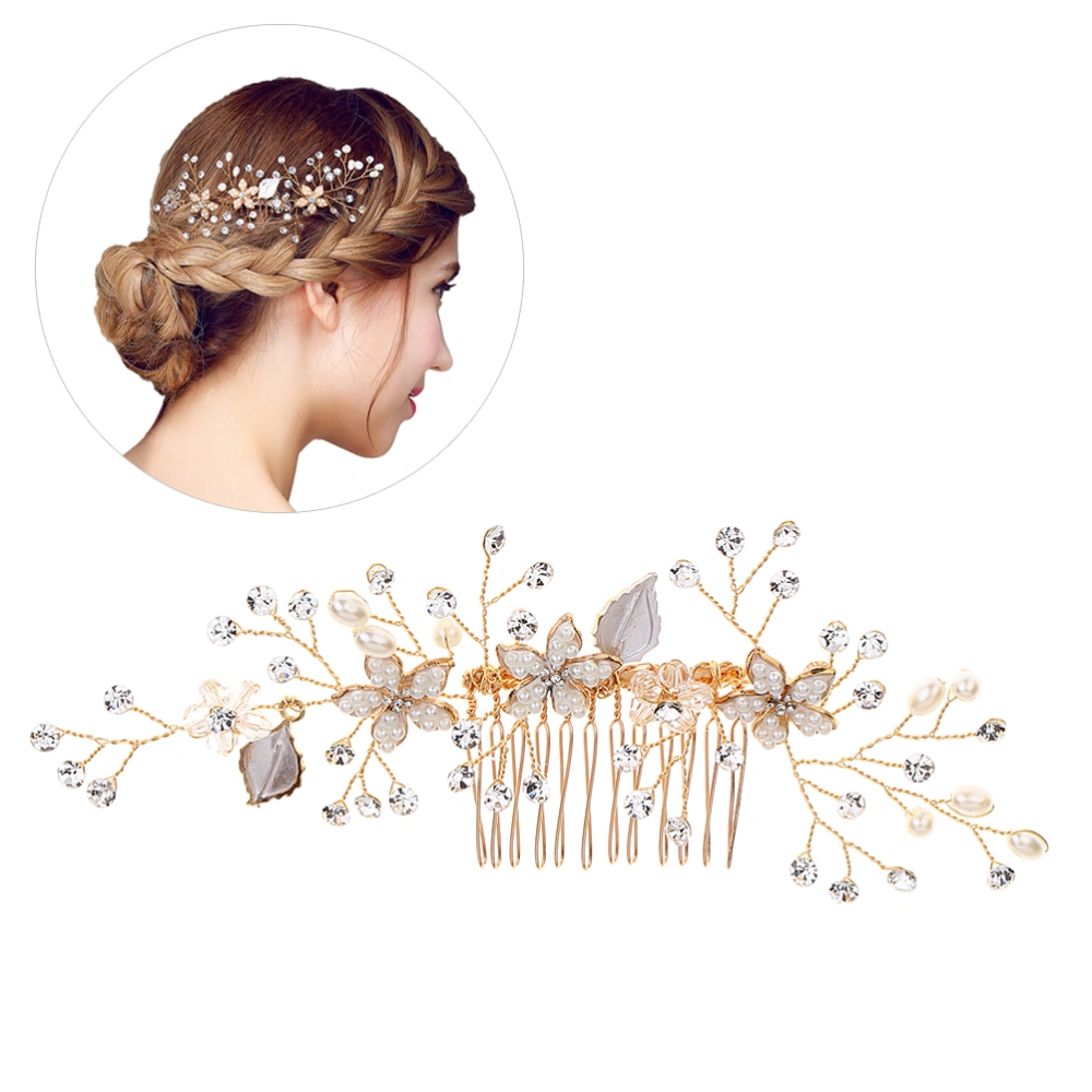 Fashion Hair Comb Pearls Crystals Headdress Alloy Leaves Bridal Hair Accessories Flower Hair Decoration (Golden)