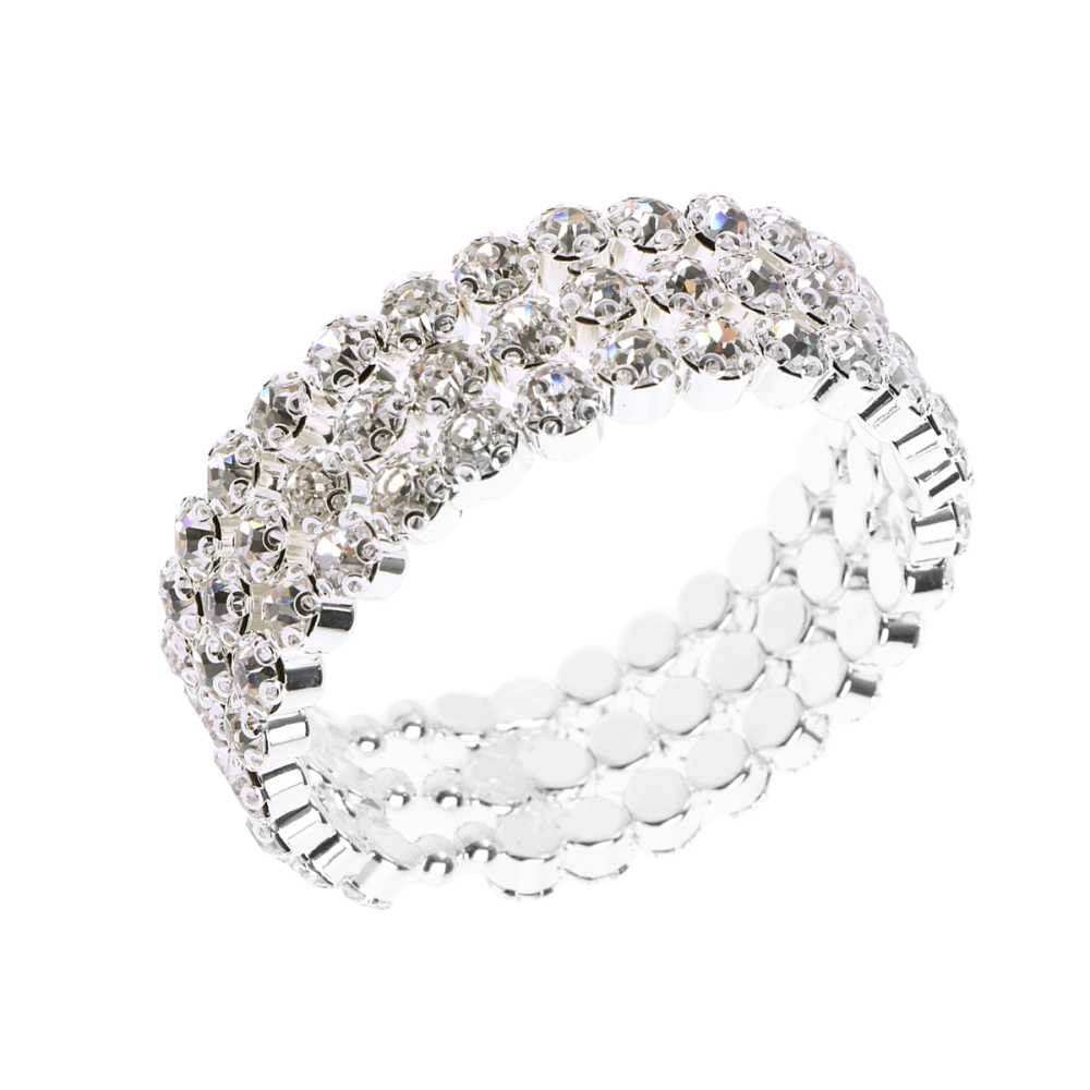 Rhinestone Studded Bracelet Rhinestone Encrusted Bangle Three Layer Open Cuff Bracelet (Silver)