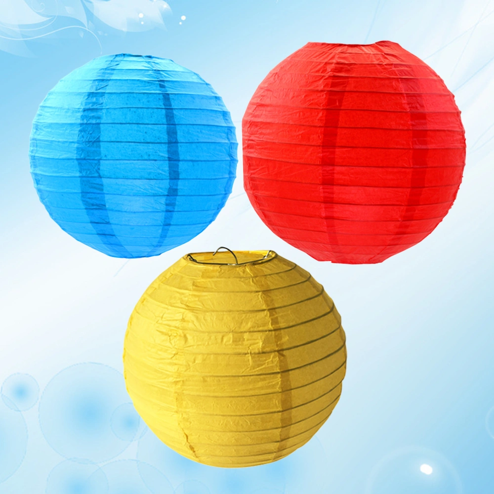 3pcs Round Lanterns Folding Paper Lanterns 30cm Without Light Source for Wedding Parties Decoration (Sky Blue + Red + Yellow)