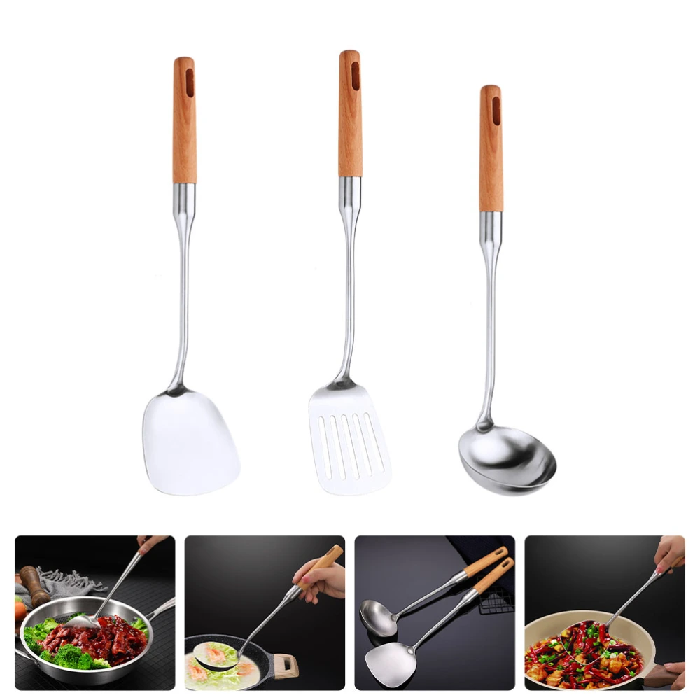 3Pcs Stainless Steel and Wood Kitchen Utensil Practical Shovels and Spoon