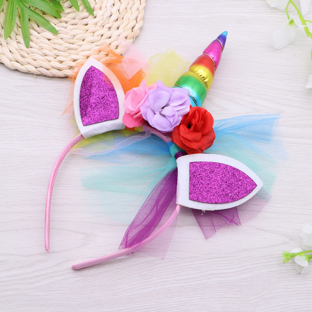 Children Unicorn Headband Hair Rose Grenadine Headdress Headpiece for Party Decoration (Rainbow)