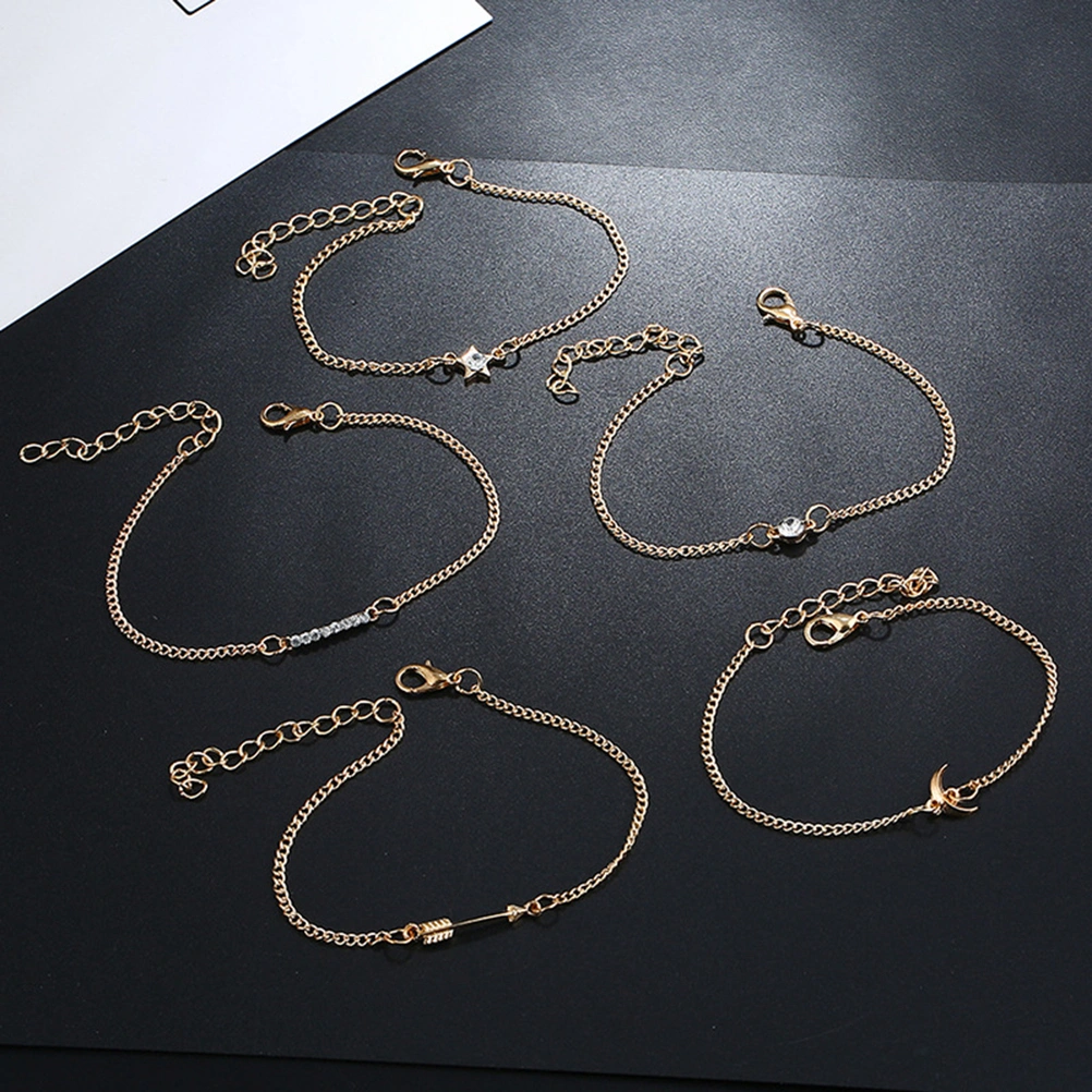 5Pcs Bracelets Anklets for Women Girls Cupid's Arrow Ankle Chains Bracelets Adjustable Beach Anklet Foot Jewelry Set (Golden)