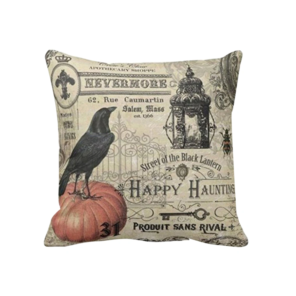 Halloween Cotton Linen Square Burlap Decorative Throw Pillow Case Cushion Cover (Pumpkin Crow)