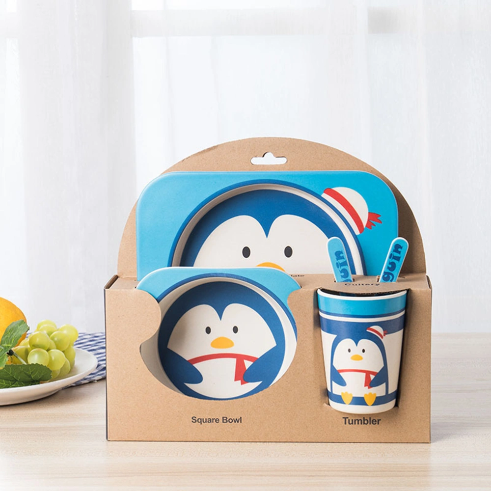 5 Pcs Bamboo Fiber Cartoon Penguin Children's Cutlery Set Environmental Friendly Kids Dinnerware Set Baby Feeding Plate Bowl Tumbler Kit