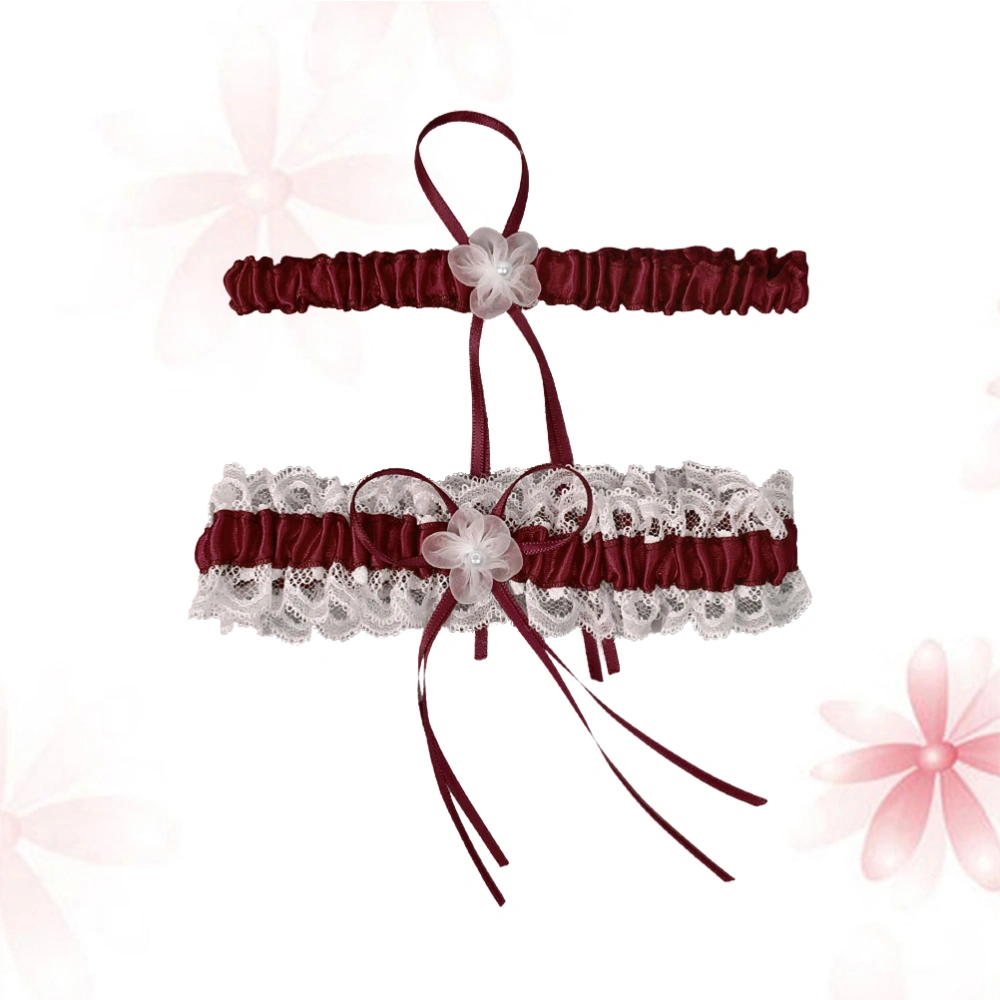 1 Pair of Bridal Garters Beautiful Lace Thigh Ring Floral Design Leg Band for Wedding Party (Claret and White)