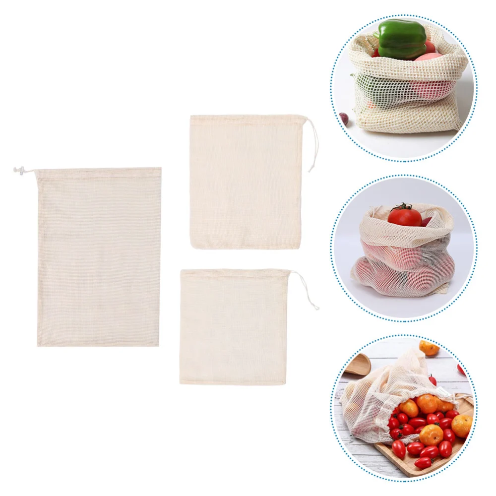 3pcs Pure Cotton Drawstring Bags Fruit Bags Vegetable Bags for Home (Beige)