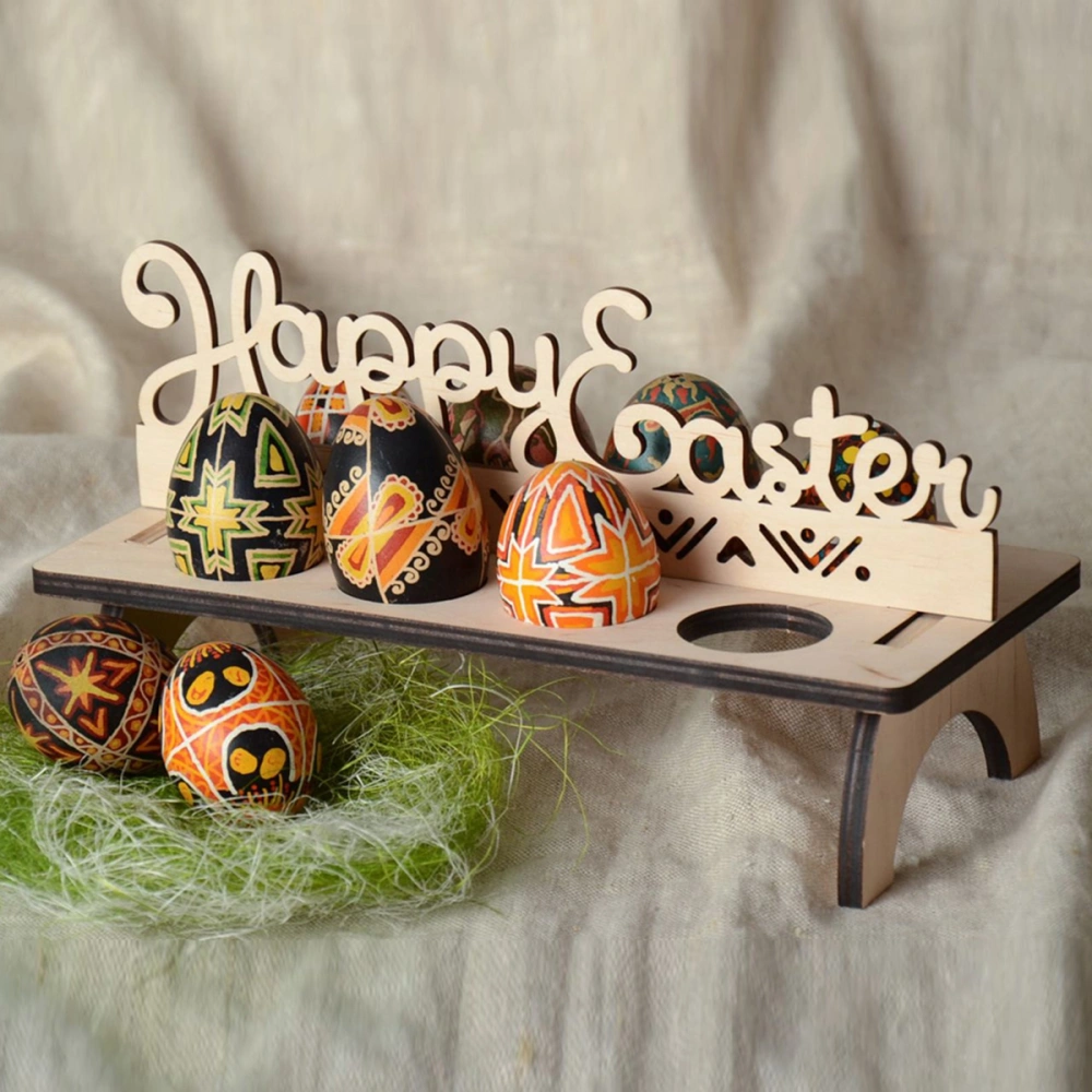 Wood Easter Decorations Creative Carving Happy Easter Pattern Easter Egg Shelf Egg Rack Stand Holder (Style A)