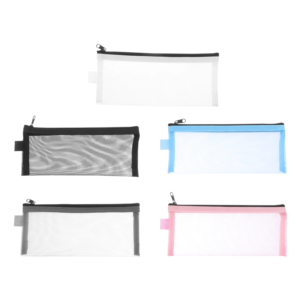 5pcs Transparent Nylon Net Pen Bags Stationery Pencil Bags (Assorted Color)