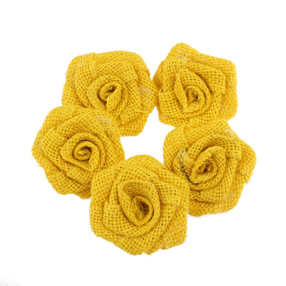 5pcs Hessian Burlap Rose Flowers for Christmas Wedding Decoration (Yellow)