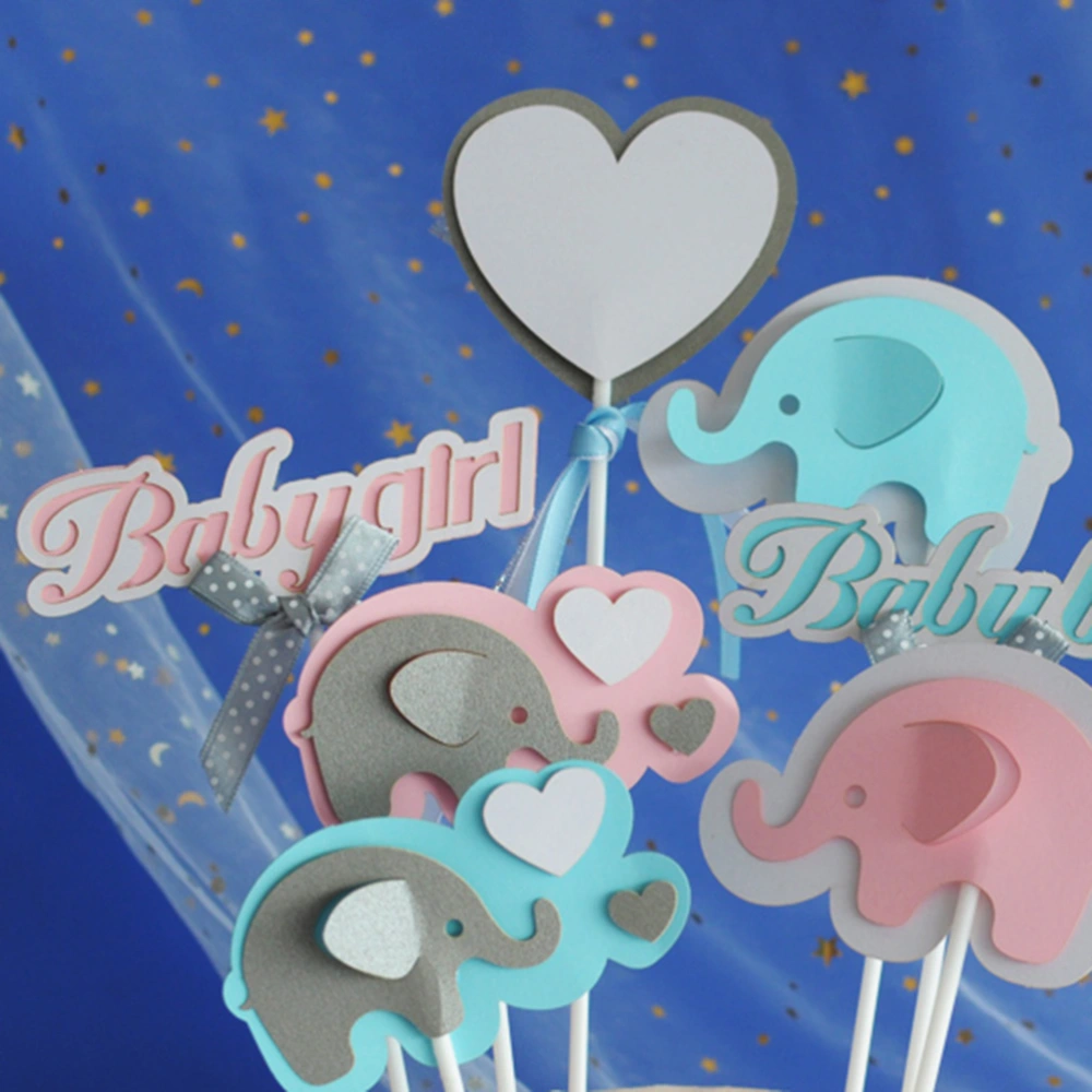 4 Sets Lovely Elephant Cake Toppers Heart Paper Cake Picks Cake Decoration Shape Cupcake Picks Baby Birthday Party Dessert Favor (Pink and Blue)