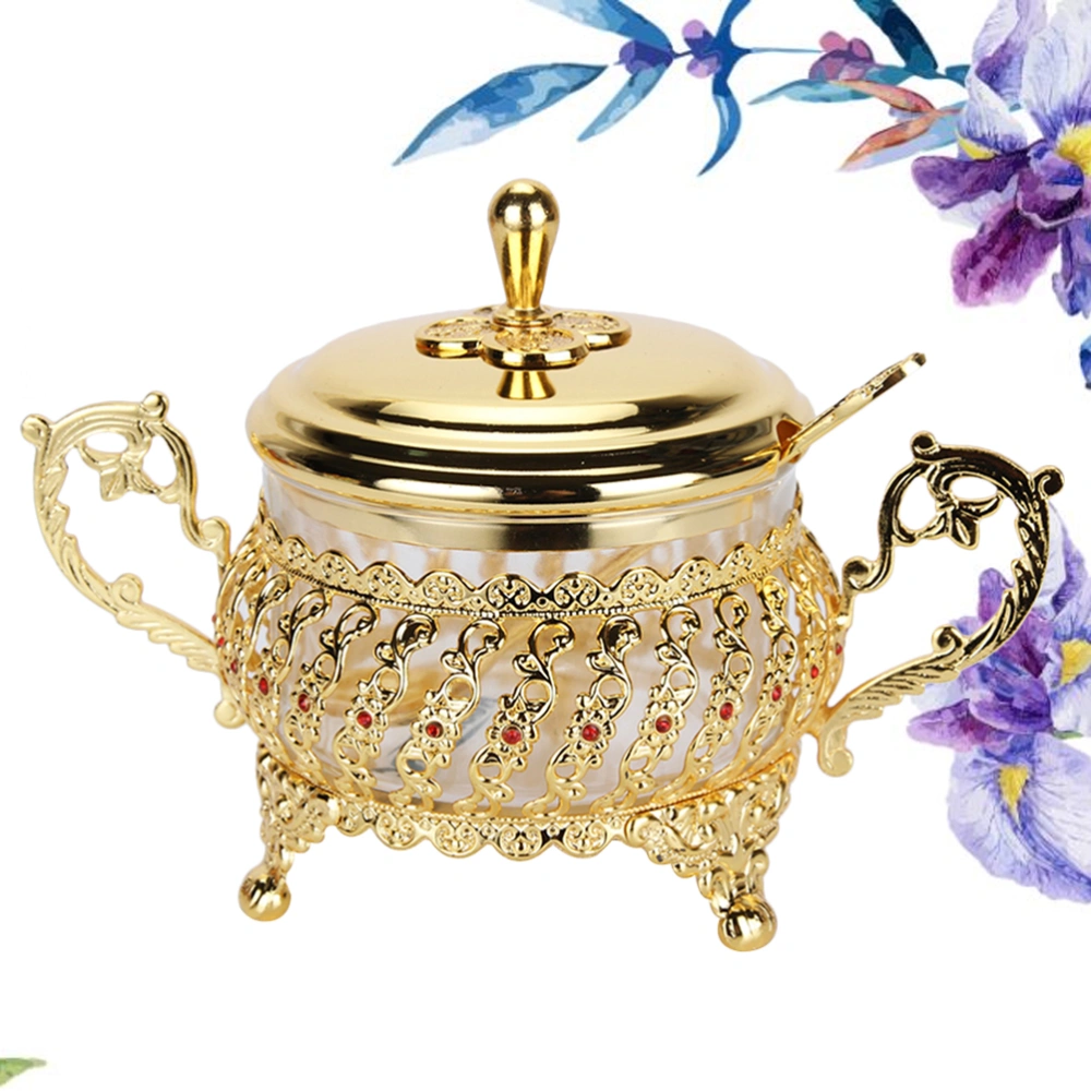 Glass Alloy Sugar Bowl Salt Pot Pepper Storage Jar Seasoning Pot Container Condiment Spice Box Holder with Lid and Spoon (Golden)