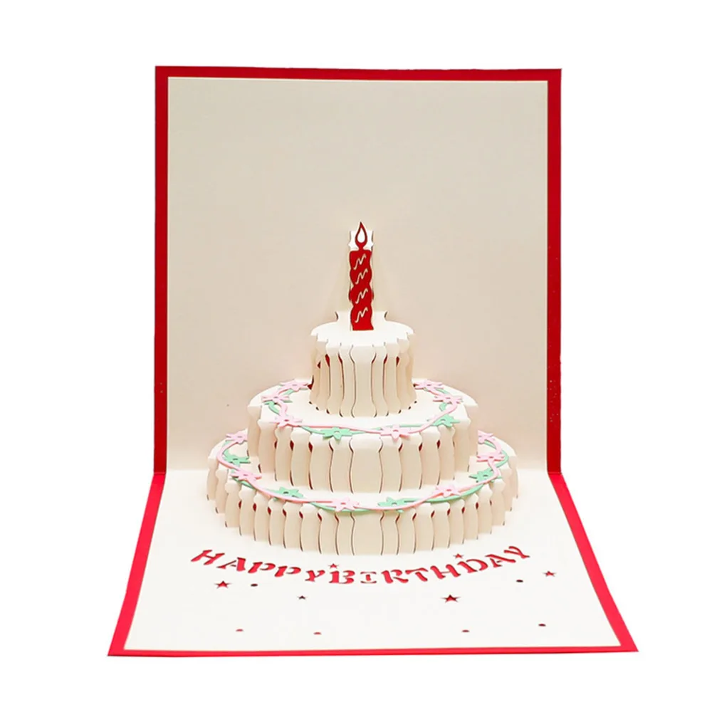 2PCS 3D Birthday Cake Greeting Cards Handmade Birthday Cake Blessing Cards (Red)