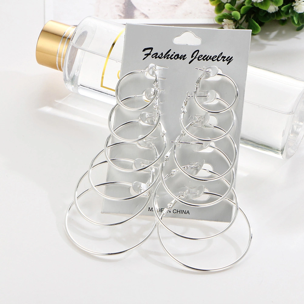 6 Pairs of Simple Punk Big Earrings Set Multiple Stud Earrings Big Jewelry(Silver)