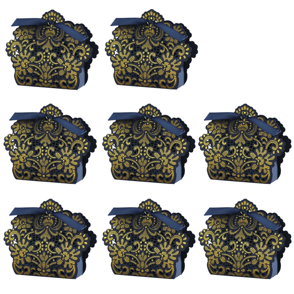 50pcs Wedding Favor Boxes Hollow Out Craft Paper Box For Gifts Candy Sweets with Ribbons (Navy Blue)