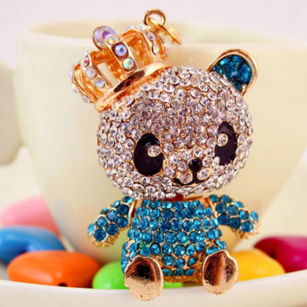 Crown Panda Pendant Keychain Rhinestone Panda Pendant Keychain Creative Crystal Panda Keychain (Blue)