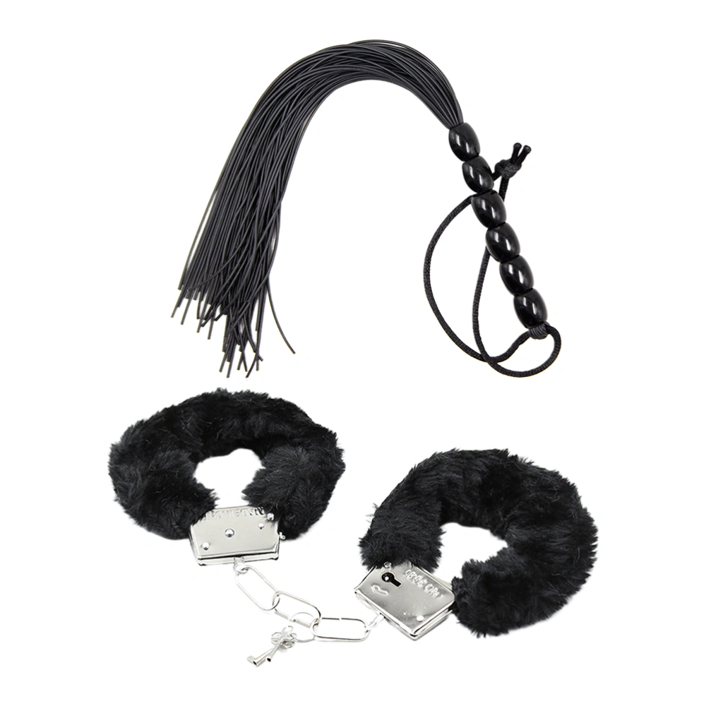 2pcs BSDM Toys Silicone Spanking Whip Plush Handcuffs Bandage Restraint Toy for Couples Adults (Black)