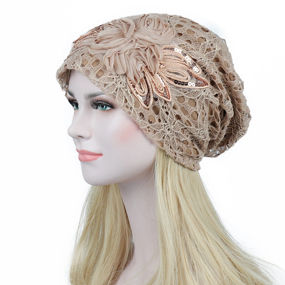 Fashion Fall Winter Hollow Lace Flower Beanie Hat Women Double-deck (Khaki)