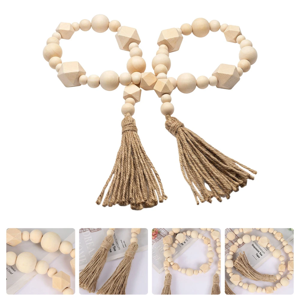 1Pc Pastoral Style Wooden Beads Home Tassel Beads Wall Hanging Decor Light Beige