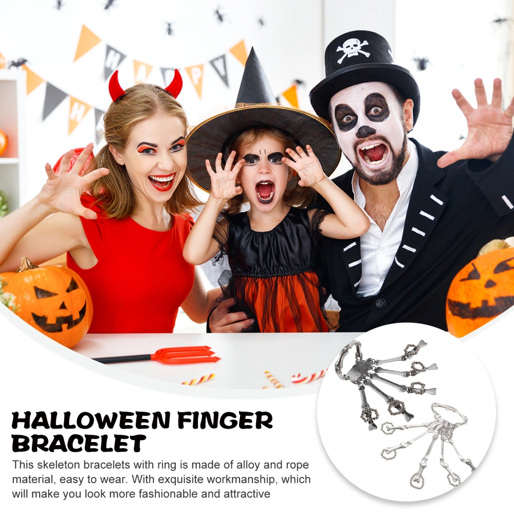 2pcs Gothic Halloween Skull Fingers Wristband Punk  Bracelets with Ring for Party Cosplay