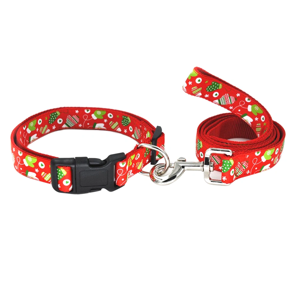 Christmas Gloves Pattern Pet Collar Creative Pulling Rope Dog Collar Pulling Strap Set (Collar Size S: 2.5x40cm, Pulling Strap: 2.5x120cm)