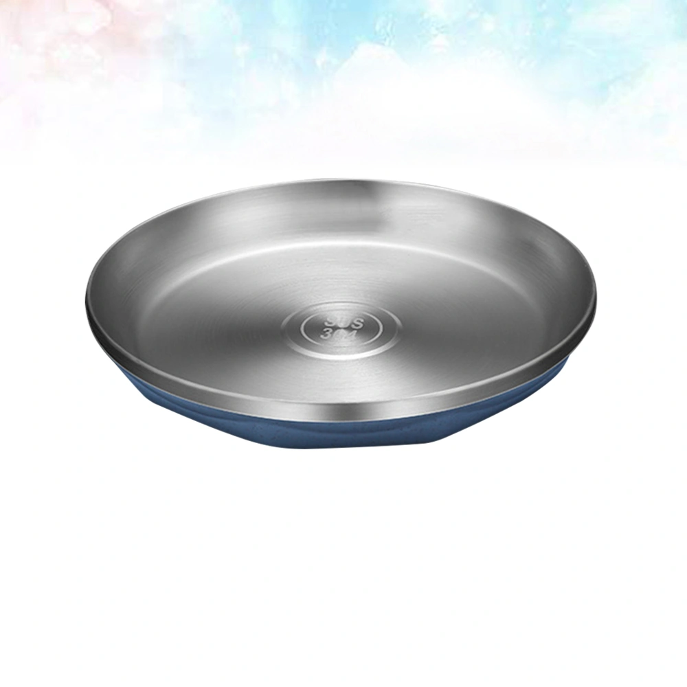 1pc Stainless Steel Round Food Plate Thicken Heat Resistant Household Food Serving Plate (Blue + Silver Medium Size)