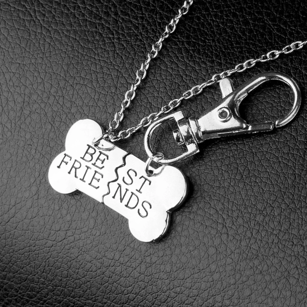 2pcs Dog Bone Design Charm Necklace Keychain Friendship Jewelry (Silver and Black)