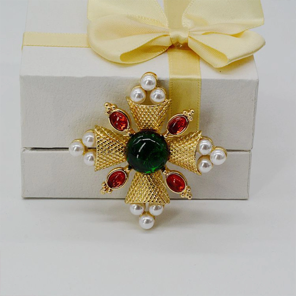 1PC Cross Shaped Brooch Imitation Pearl Inlaid Alloy Brooch Elegant Classic Breastpin