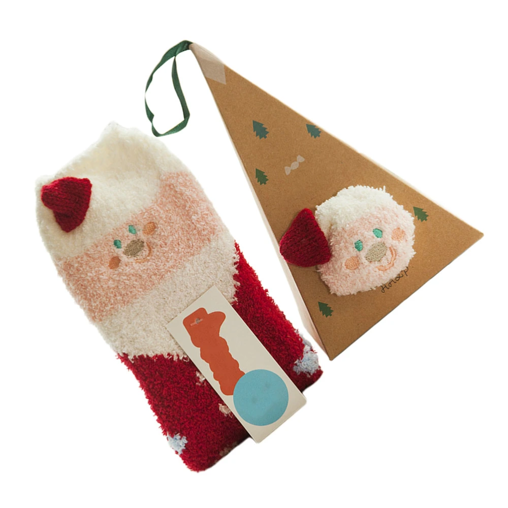 2 Pair Christmas Theme Floor Socks Lovely Coral Fleece Warm Socks Cold Protection Stocking for Winter Autumn with Triangle Box (Santa)