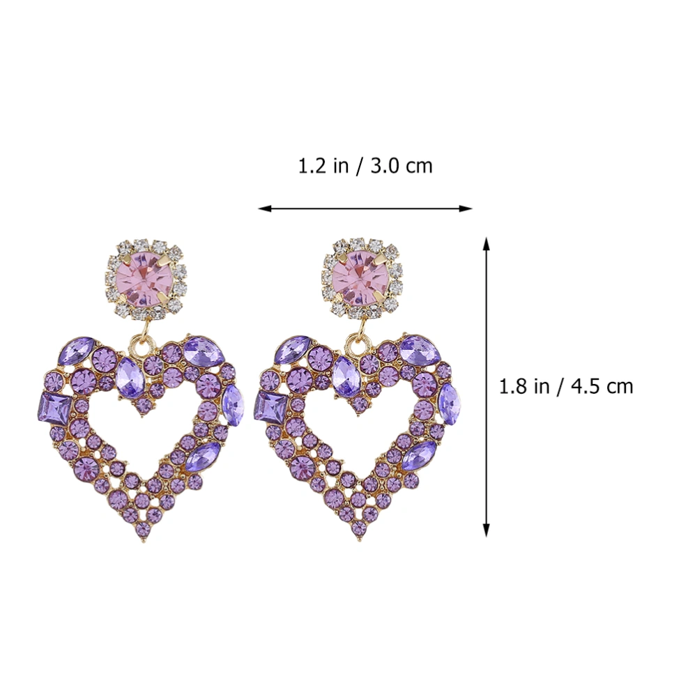 2 Pairs Bride Rhinestone Alloy Earrings Ear Drops Heart Shape Earrings Ear Decor