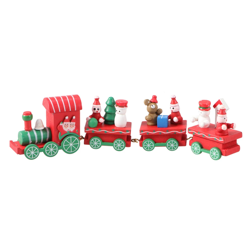 Mini Four-section Wooden Train Creative Round Dome Train Toy Desktop Ornament Colorful Painted Christmas Cartoon Train Kids Table Window Decoration Supplies (Red)