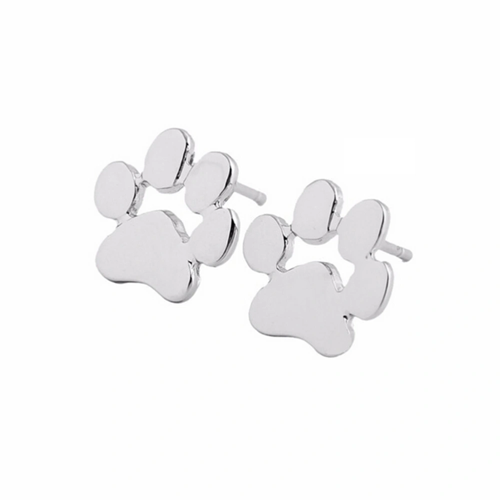 Women Gifts Brass Electroplate Ear Studs Dog Footprint Earrings (Silver)