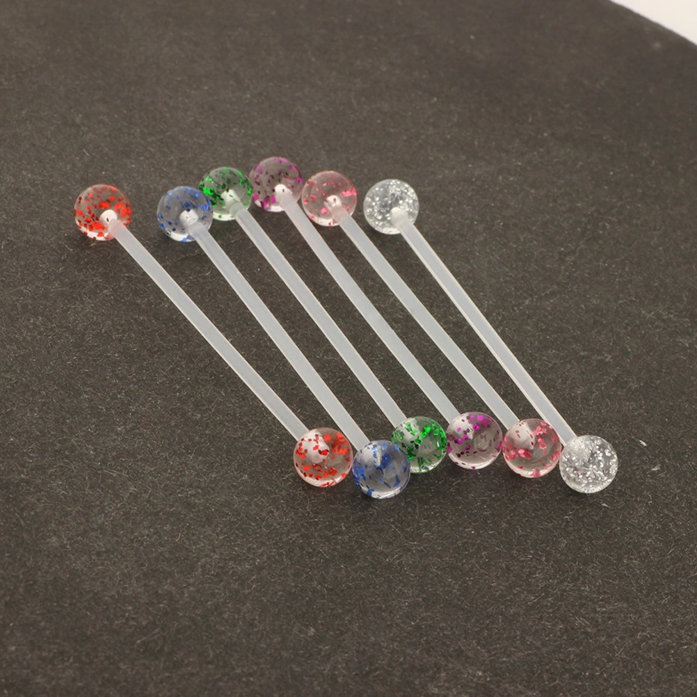 6Pcs Acrylic Tongue Rings Stud Bars Hypoallergenic Surgical Steel Tongue Body Piercing Jewelry Set(Red Green Purple Blue Transparent Pink)
